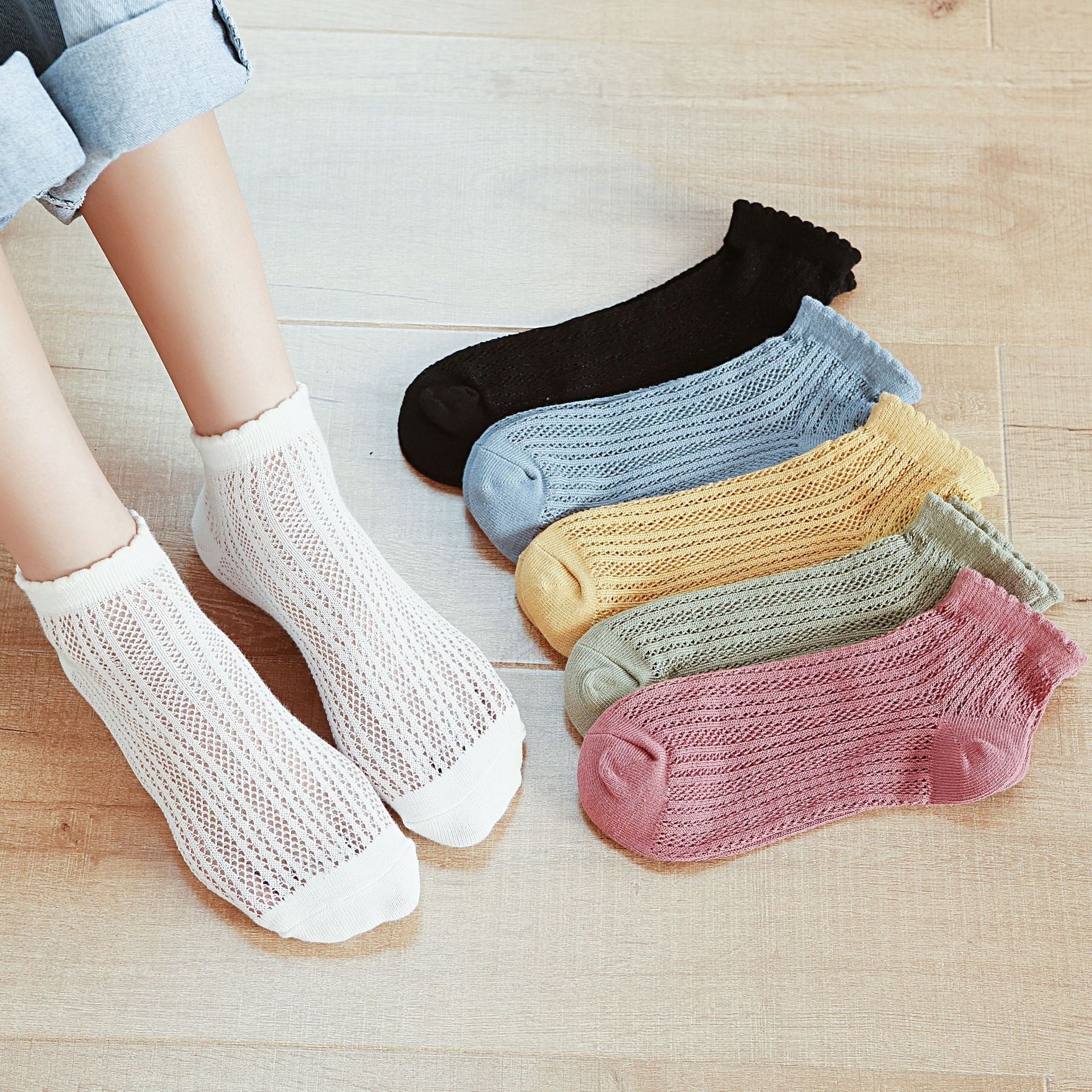 Spring And Summer Women's Boat Socks Solid Color Mesh Breathable Simple Hollow Socks Cotton Thin Socks Women