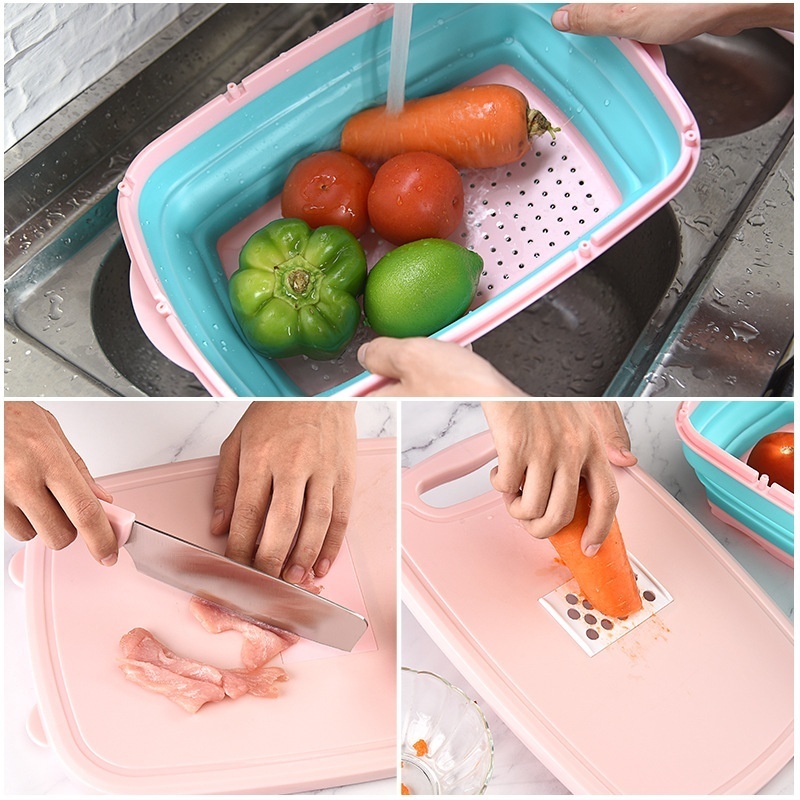 9-in-1 Multifunctional Water Filter Basket Set Folding Drain Basket With Vegetable Cutter,Peel Knife,Meat Slicer And Cutting Board