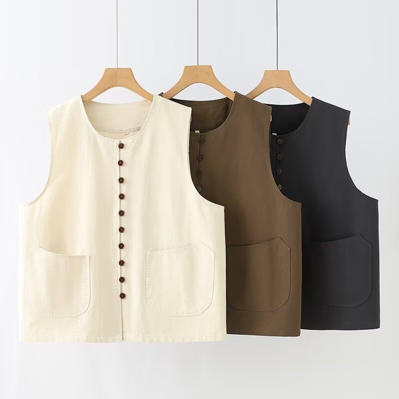Spring Small Fresh Cotton Multi-button Round Neck Loose Women's Vest Women's Vest