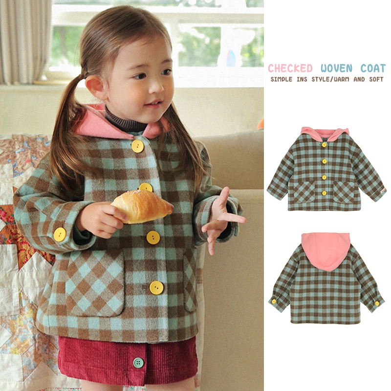 In Stock!22 Autumn And Winter AMRetro Girls Woolen Coat Korean Version Of The Baby Girl Mint Color Plaid Coat Children's Coat