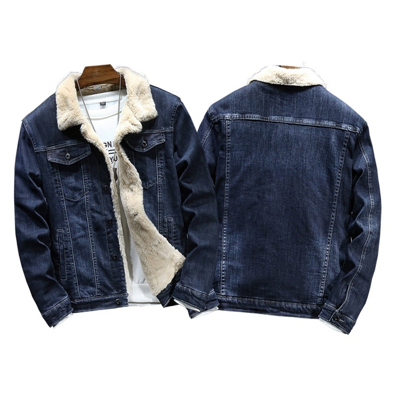 Thickened Warm Men's Cotton Jacket Winter Elastic Double Layer Imitation Rabbit Fur Men's Fleece-lined Denim Jacket