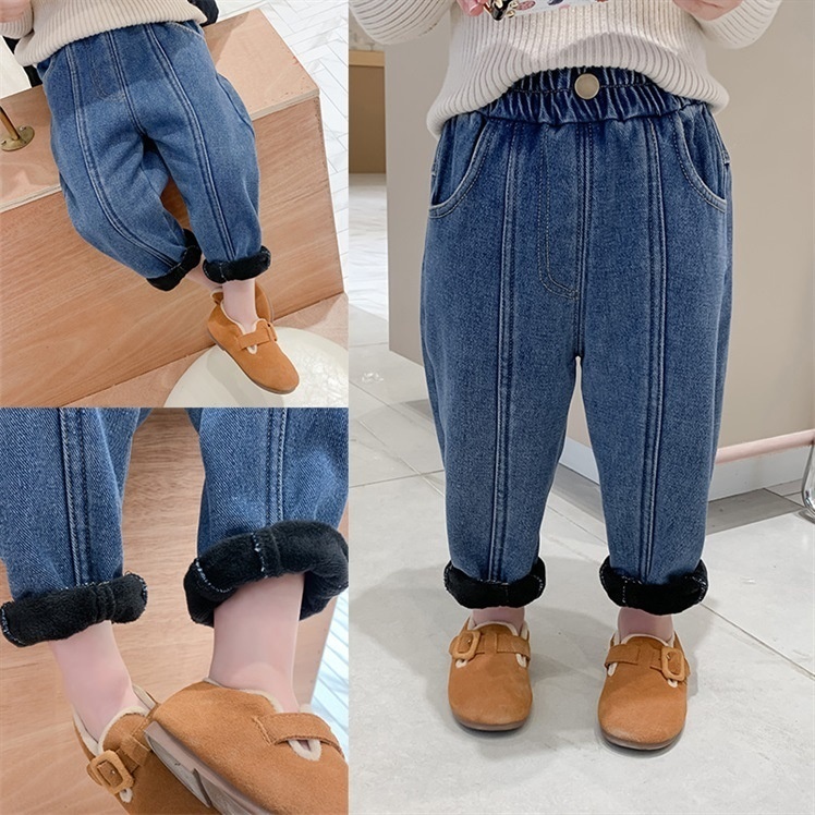 Flathead Brother Autumn And Winter Children's Plus Velvet Denim Overalls Boys And Girls All-match Personality Trousers Baby