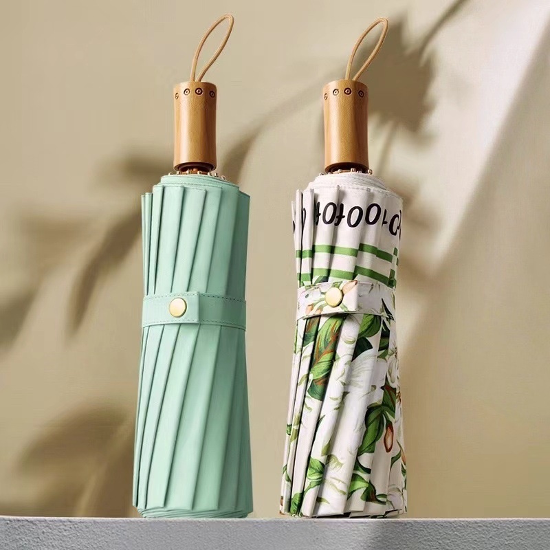 16 Bone Colored Plastic Hand-opened Parasol Tri-fold Wooden Handle Sun Umbrella Anti-ultraviolet Dual-use In Sunny And Rainy Weather Support One Piece Dropshipping