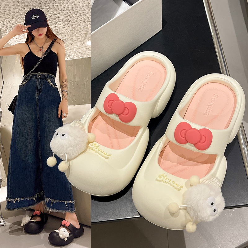 Summer Style Women's Baotou Stepping Shit Feeling Indoor Coal Briquettes Advanced Beach Hole Shoes Thick Bottom Half-covered Slippers