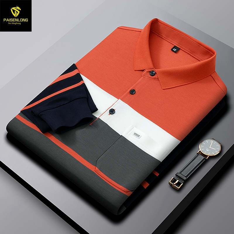Paisonlong Men's Long-sleeved POLOShirt Business Casual Striped Middle-aged Men's Lapel T-shirt With Pockets