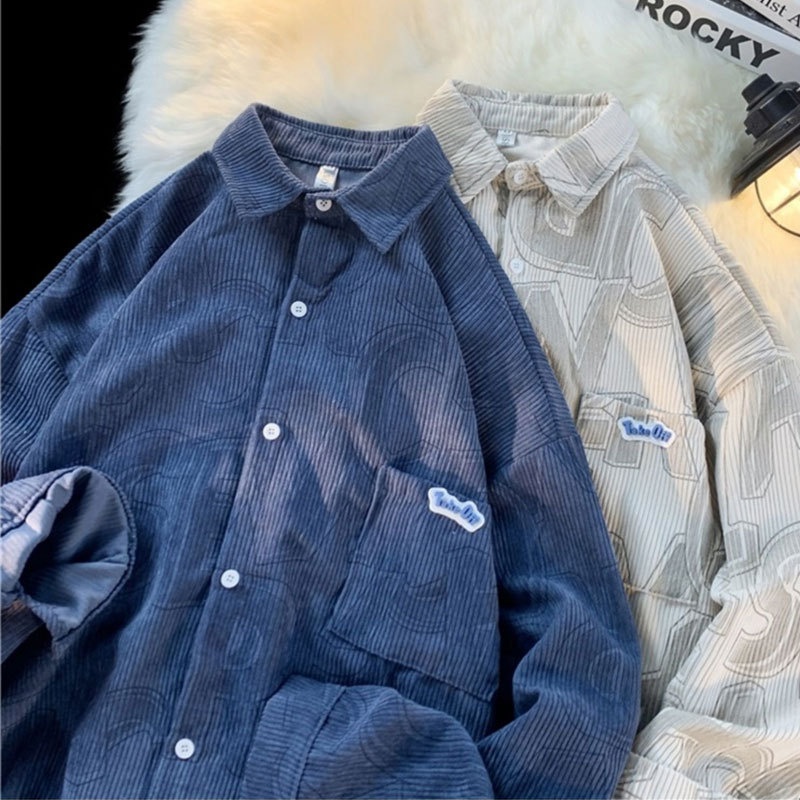Corduroy Shirt Men's Japanese Style Long-sleeved Lapel Jacket Hong Kong Style Hip-hop High Street Fashion Brand Spring And Autumn Handsome Shirt - 3