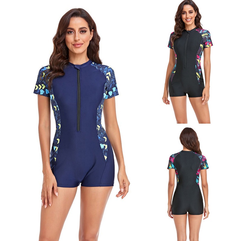 European And American One-piece Bikini Short-sleeved Splicing Print Zippered Boxer Shorts Swimsuit