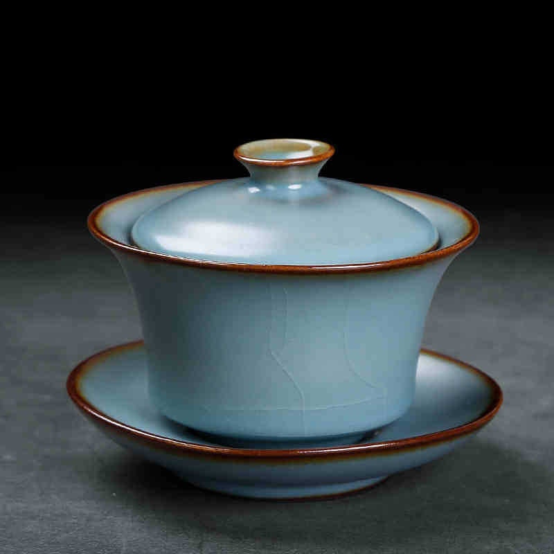 Covered Bowl Imitation Song Ru Kiln Cracked Kung Fu Tea Set Home Office Tea Drinking Cup Ru Porcelain Sancai Cup Tea Bowl