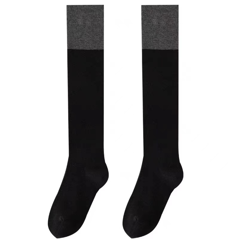 Color Matching Calf Socks For Women Spring And Autumn Mid-calf Black Gray Stitching Long Knee Socks Half-leg Micro-pressure Black Calf Socks