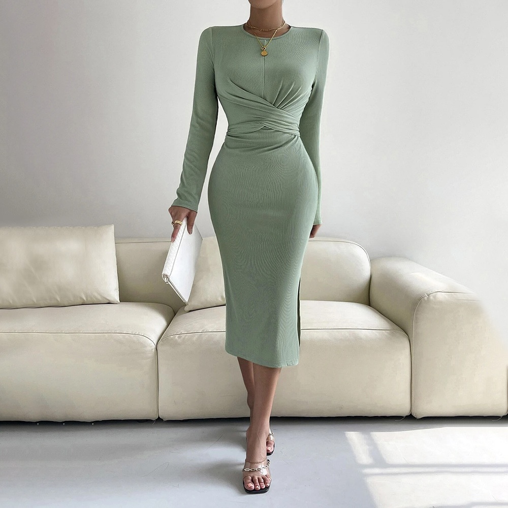 Foreign Trade European And American Women's Clothing Round Neck Slim Hip-wrapped Mid-length Skirt Long-sleeved Dress - 1