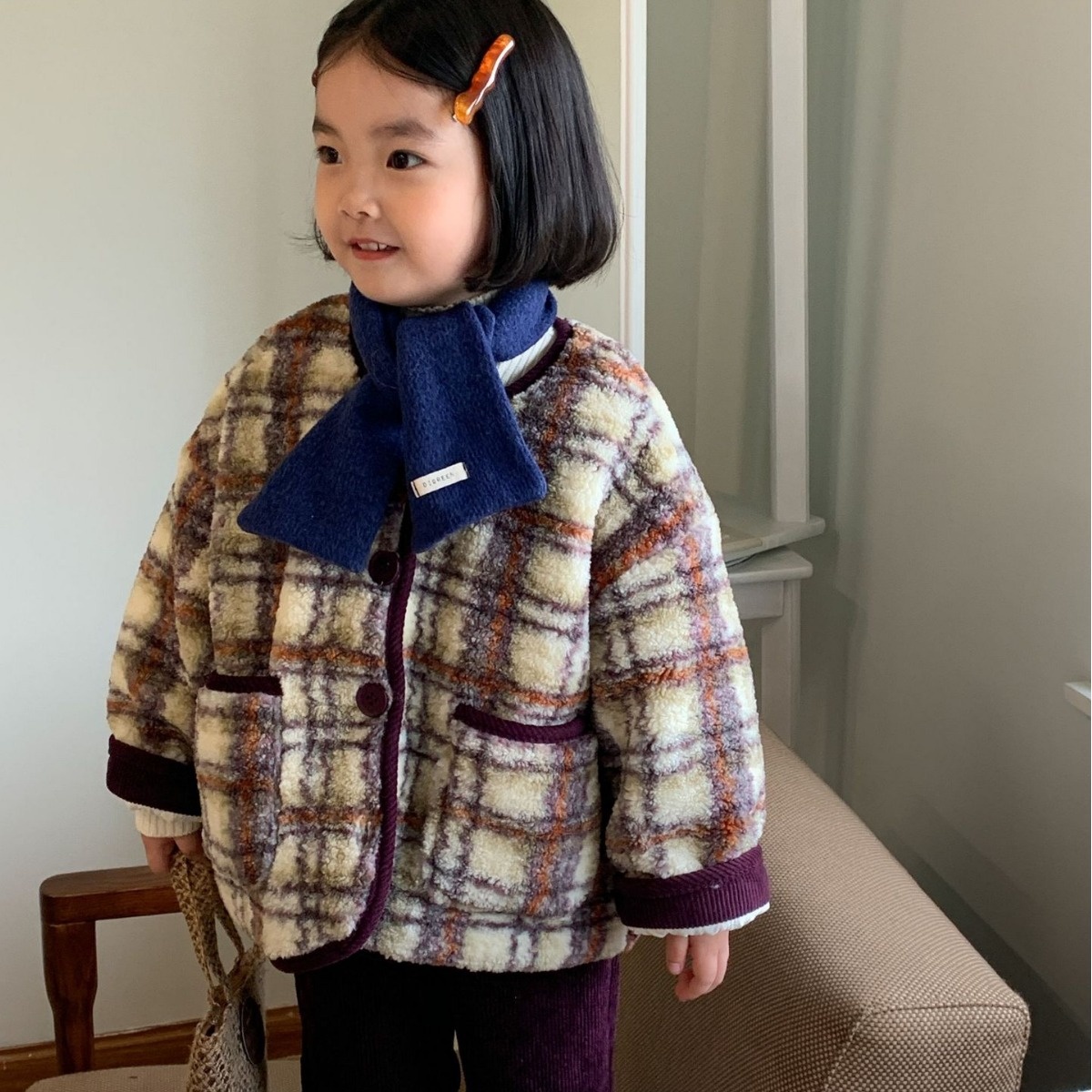 Children's Coat Laibaobao Winter Korean Children's Clothing Korean Version Plaid Thick Warm Girls Wool Top Plaid Control