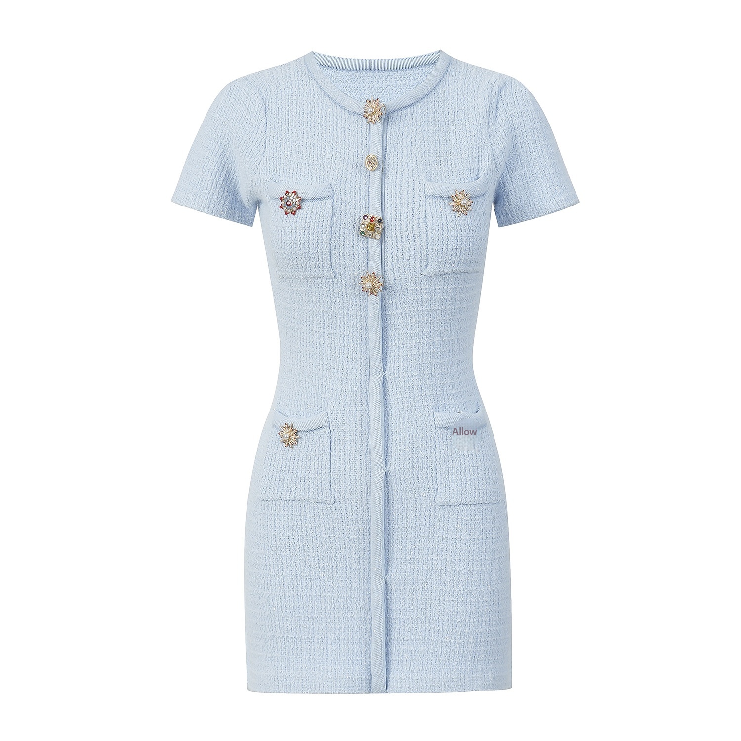 Elegant Chanel-pired Rhinestone-buckled Design, Dusty Blue Knitted Mini Dress