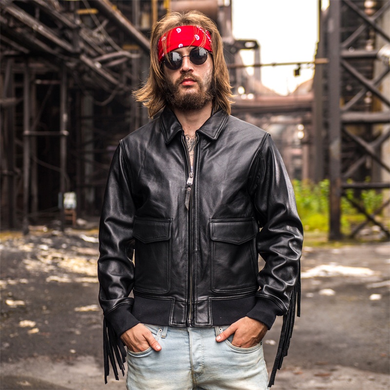 Leather Men's Slim-Fit Biker Jacket With Lapels