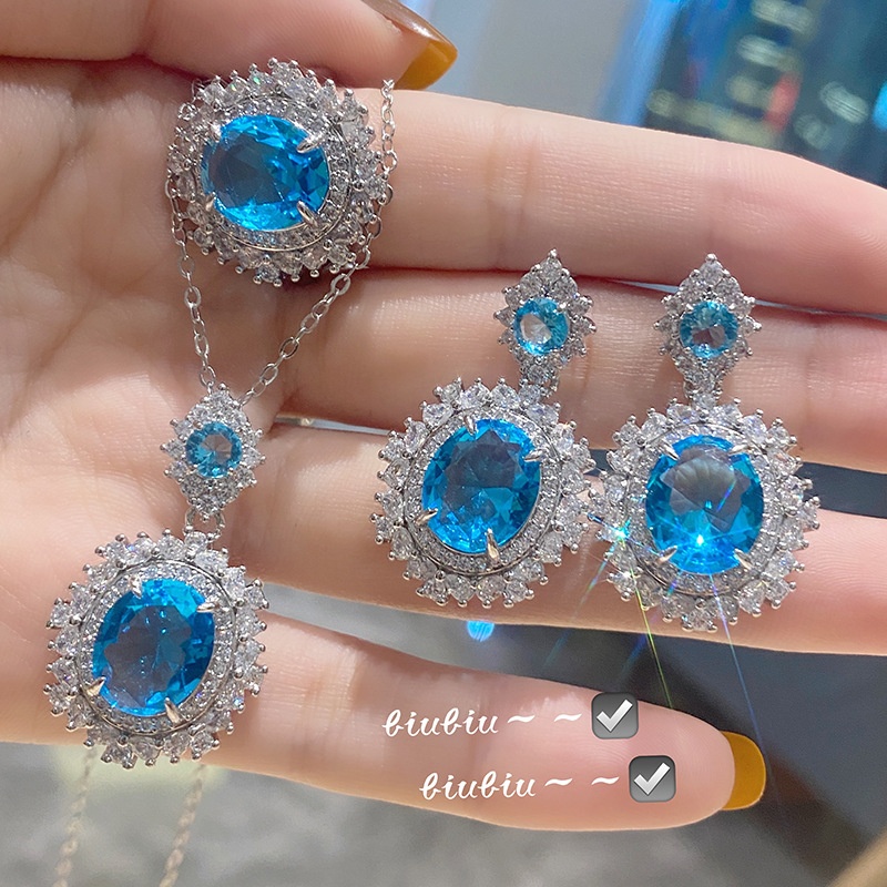 European And American Style Fashion Necklace With Carbon Diamond Blue Crystal Ring Women's Elegant Luxury Color Treasure Ring Hong Kong Style Earrings