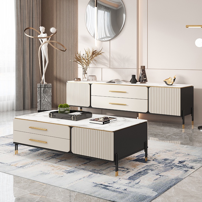 Italian Minimalist Sintered Stone Living Room Coffee Table And TVCabinet
