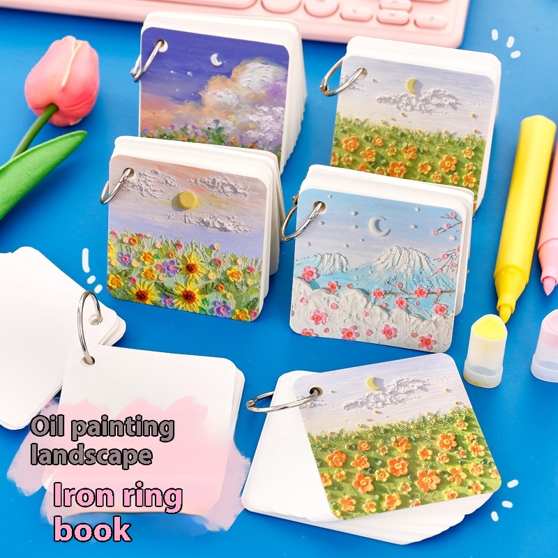 Oil Painting Landscape Iron Ring Book Student Blank Loose-leaf English Word Book Portable Message Note Book Note Book