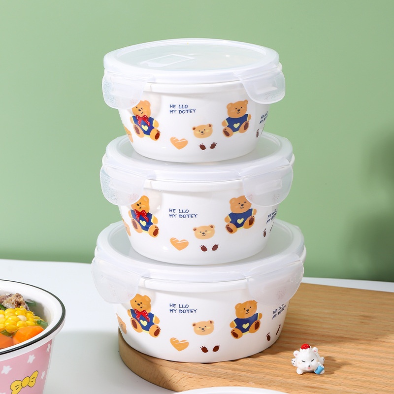 陶瓷保鲜碗三件套微波炉饭盒带盖冰箱便当盒大号泡面碗