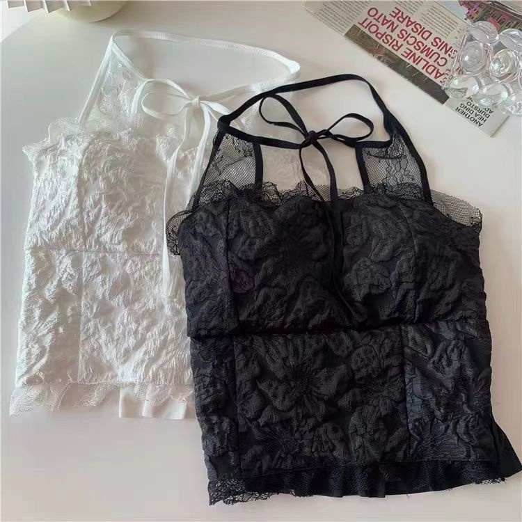 Lace Pleated Beautiful Back Lace-up Halter Neck Camisole Without Steel Ring One-piece Tube Top Breathable Sexy Underwear For Women