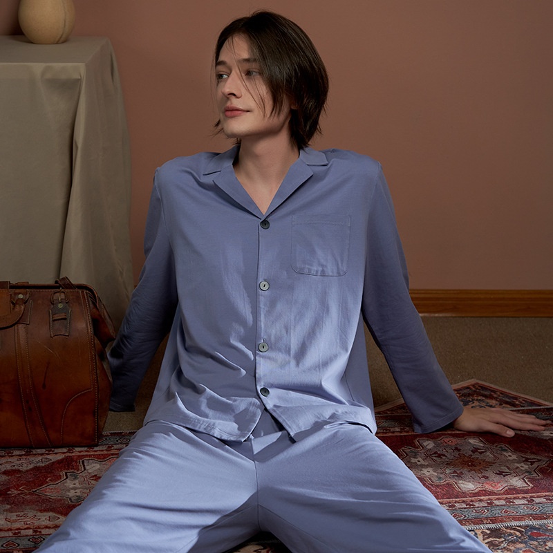 Couple Pajamas Men's Spring And Autumn Suit Collar Long Sleeves And Long Pants Solid Color Two-piece Cotton Outer Wear Home Clothes