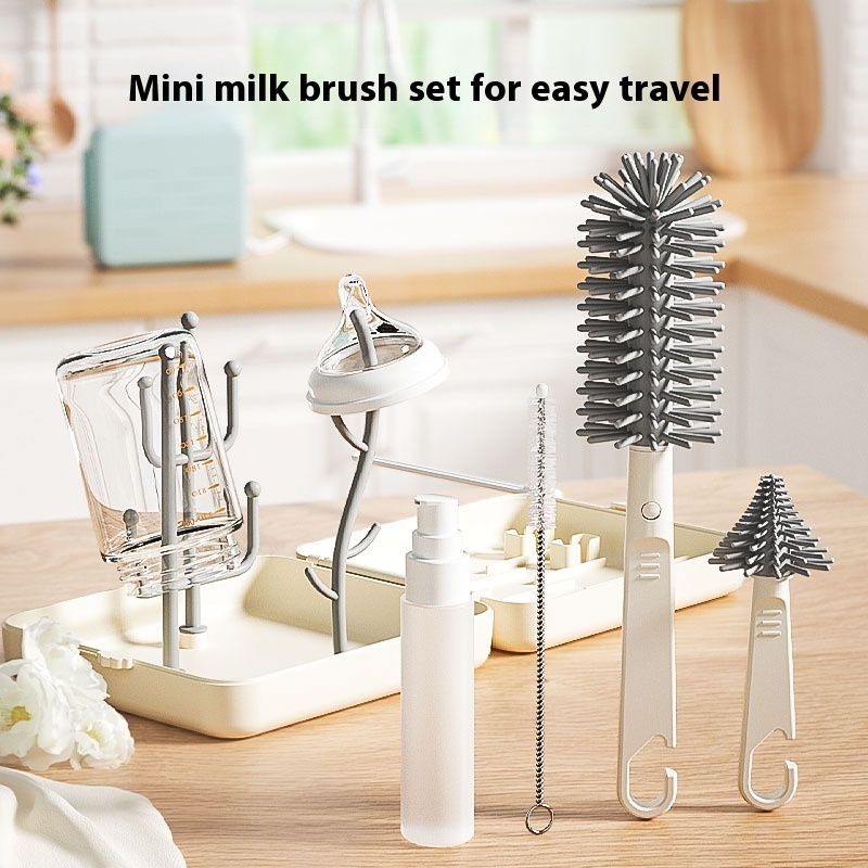 Portable Bottle Brush Cleaning Suit Silicone Bottle Drain Cleaning Brush Storage Box For Born Baby
