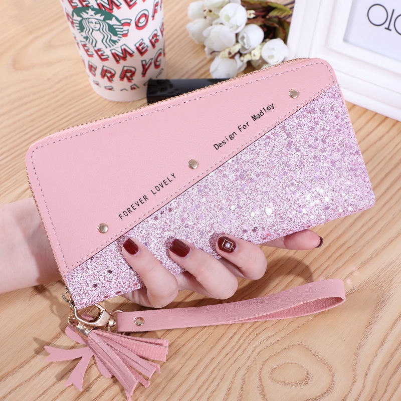 Wallet Long Women's Zipper Wallet Women's Korean-style Stitching Color Tassel All-match Card Case Mobile Phone Bag