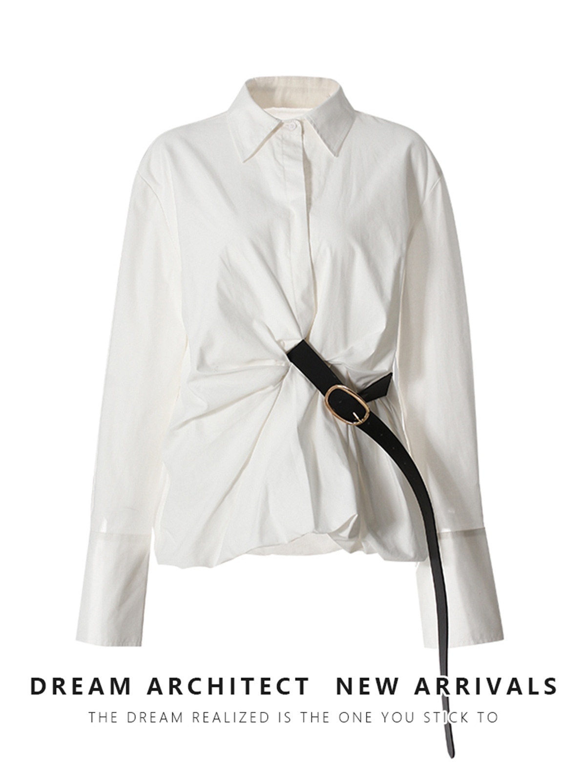 Spring Pleated Waist Shirt White Casual Design Sense Belt Fashionable Elegant Long Top
