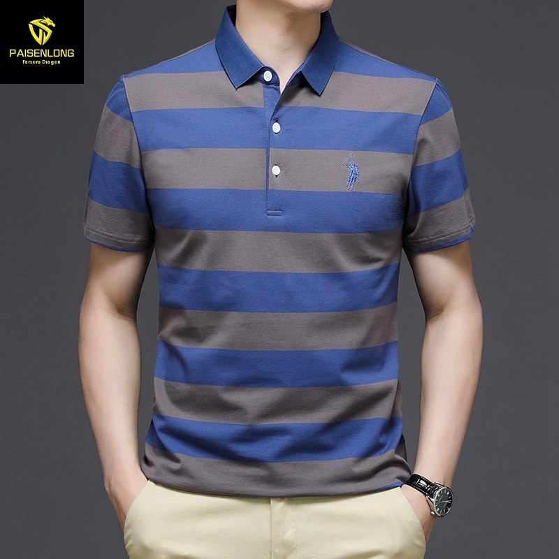 Paisonlong Men's Striped Polo Shirt Top Bottoming Outer Wear Short-sleeved T-shirt Contrast Color Wide Striped Boutique T
