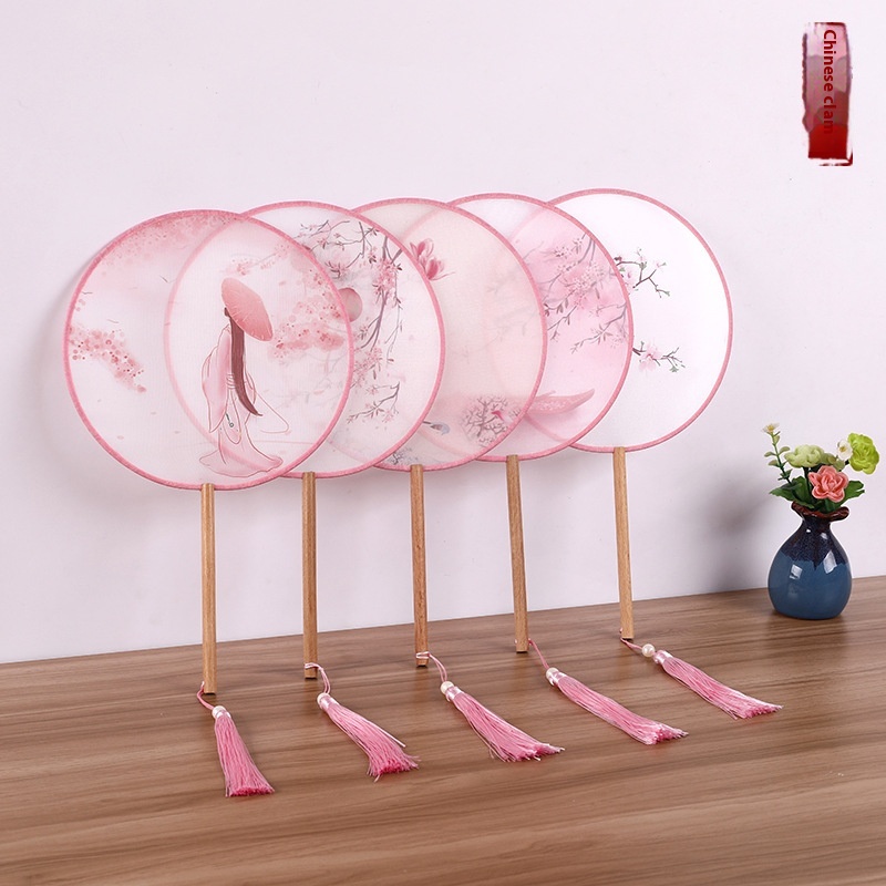 Simulation Silk Translucent Ancient Style Round Fan Hanfu Women's Fan Chinese Style Classical Printing Palace Fan Dance Prop Fan