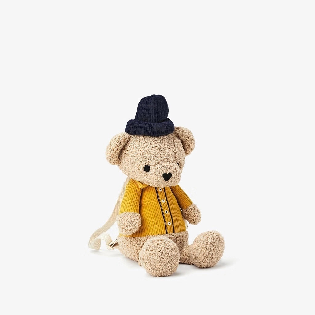 Teddy Bear Shape Curly Hair Wearing Hat Plush Toy Yellow Backpack Bear Backpack