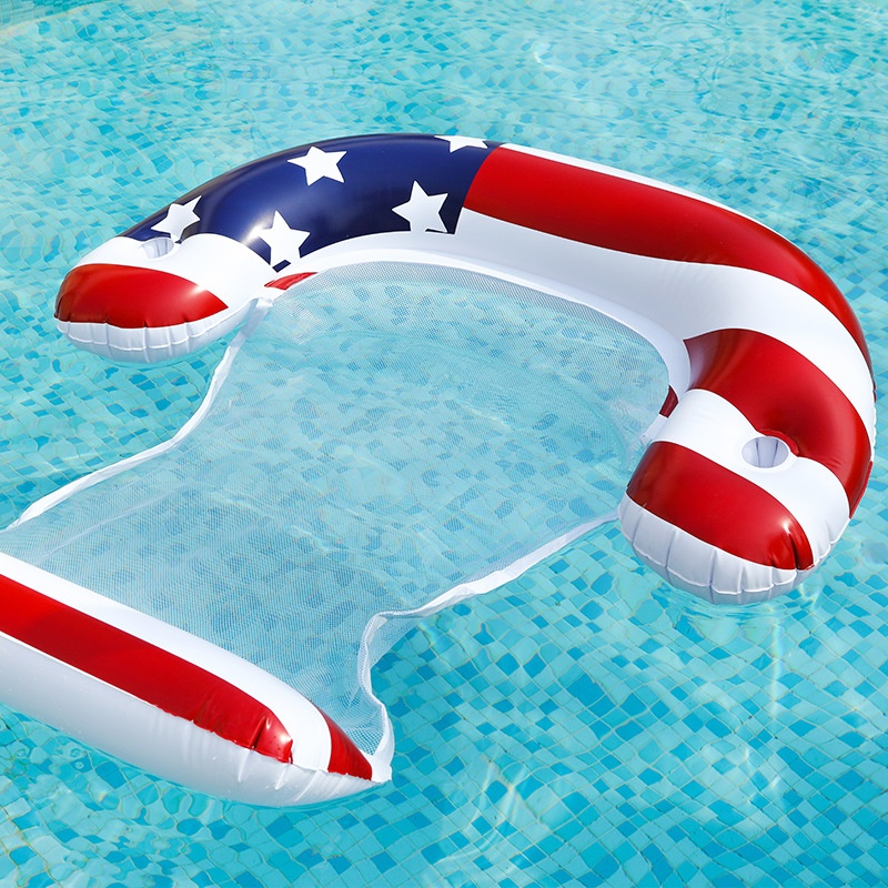Inflatable Water Floating Bed With Net American Flag Foldable Double-use Backrest Floating Rowing Chair