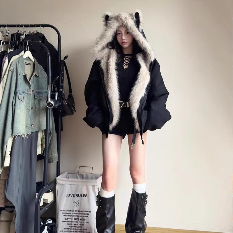 Black Fur Collar Quilted Mountain Carving Cat Ear Coat Men And Women Autumn Thick Couple Wear Cotton Coat