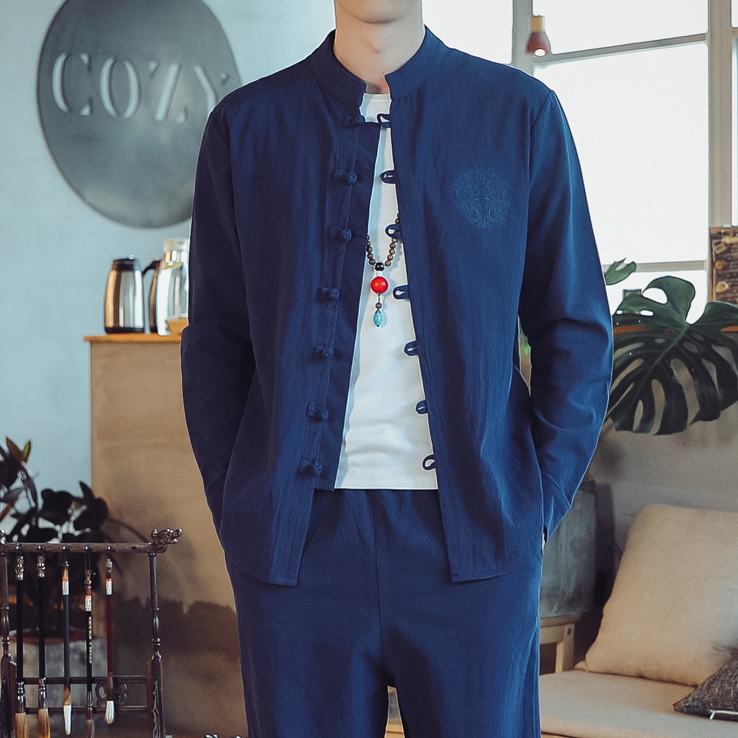 2019 Autumn Chinese Style Embroidered Large Size Cotton And Linen Shirt Men's Retro National Large Size Long Sleeve Stand Collar Shirt