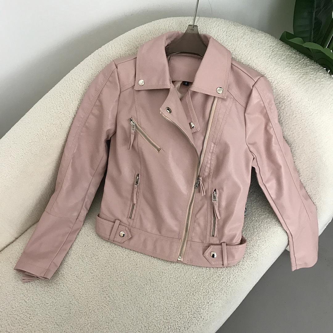 Short Pu Leather Jacket Women's Short Lapel Jacket Spring & Fall Korean Style Fashion Slim Motorcycle Leather Jacket Y