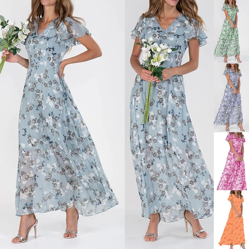 European And American Beach Large Swing Dress Chiffon Floral Short Sleeve Ruffled V-neck Fashion Tight Waist Dress