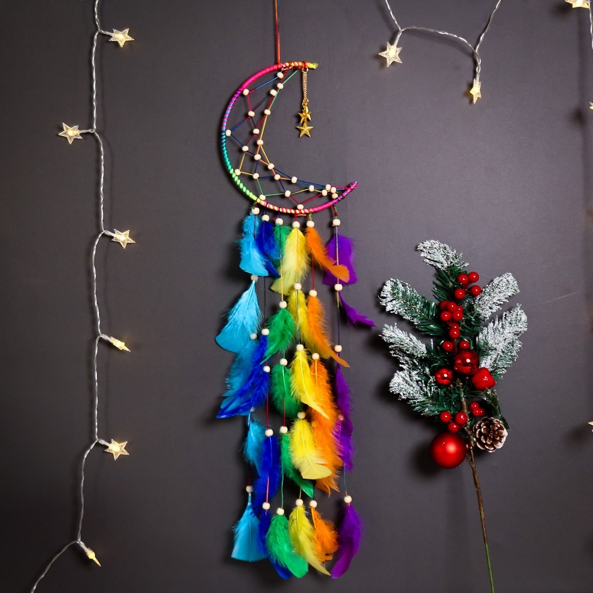 Colorful Crescent Moon Gold Star Home Decoration Dream Catcher Pendant Children's Room Decoration Wall Hanging Wall Decoration Dream Catcher