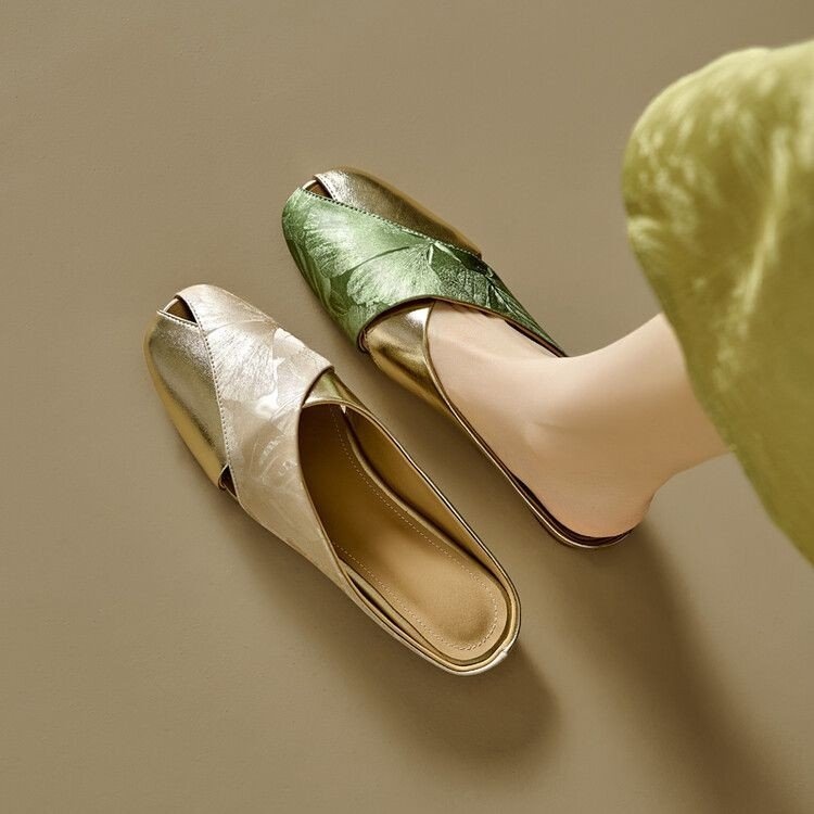 French Style Baotou Half Slippers Women's Summer Soft Leather National Style Printed Colorblock Square Head Hollow Flat Lazy Muller Sandals