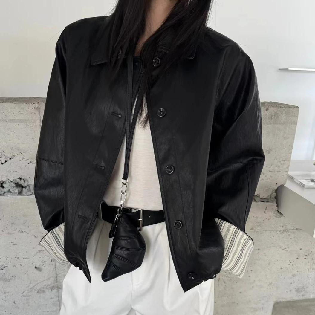 Korean Style Stitching Casual Short PU Leather Coat Women's Spring And Autumn Design Sense Lapel Soft Leather Jacket Top