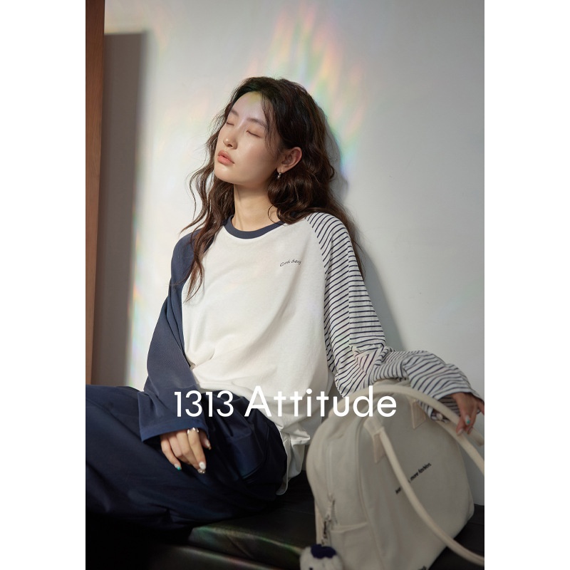 1313 Design Sense Blue And White Color-block Striped Long-sleeved T-shirt Women's Autumn Casual Loose Embroidered Letter Top