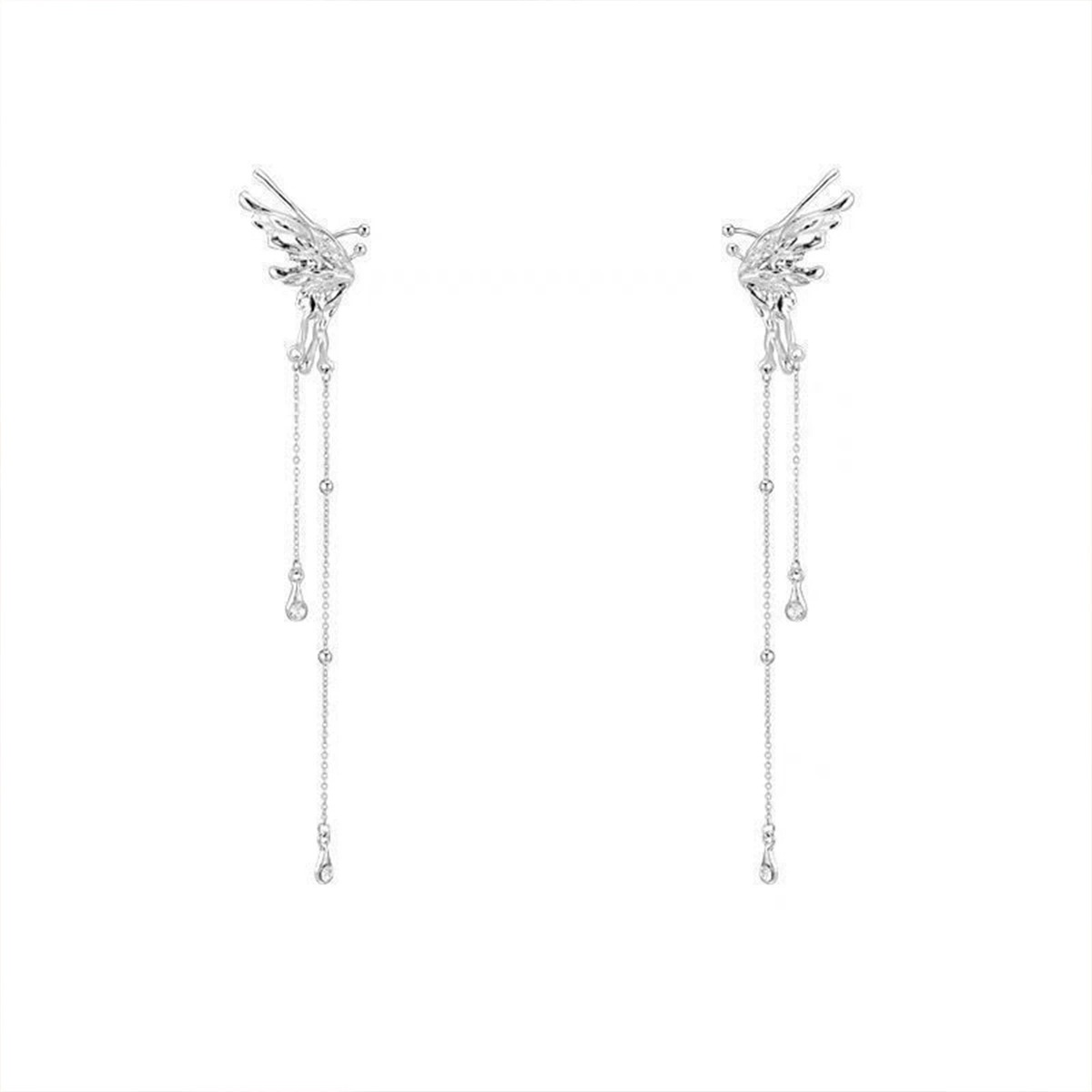 Light Luxury Zircon Angel Wings Butterfly Tassel Earrings Women's Romantic Niche Design Style Elegant Ear Clip Jewelry