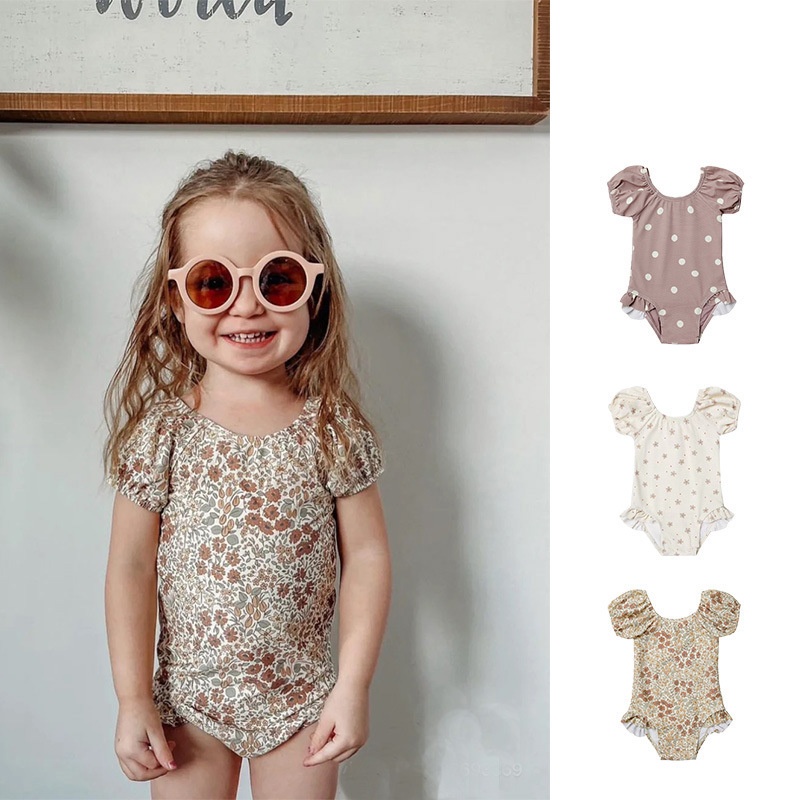 Girls Polyester Floral Swimsuit Quick Dry Baby Foreign Trade Swimsuit Cute Polka Dot Hot Spring Vacation One-Piece Swimsuit