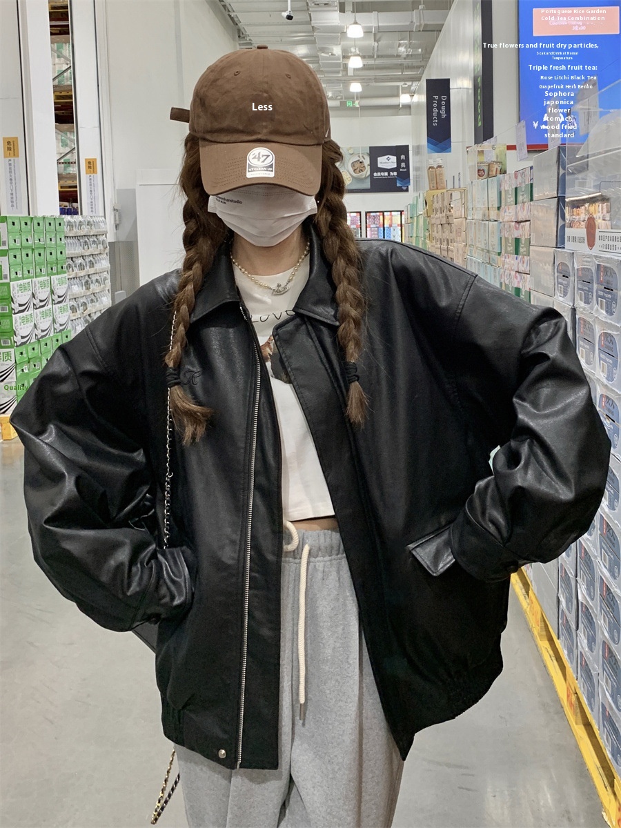 Black Retro Leather Jacket Women's Spring And Autumn High Design Sense This Year Popular Motorcycle Jacket Top