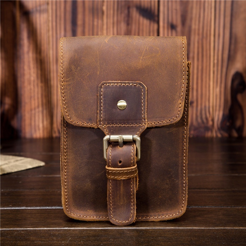 2034 Men's Genuine Leather Waist Bag Crazy Horse Leather First Layer Cowhide Small Bag Pants Hanging Bag Mobile Phone Bag European And American Retro