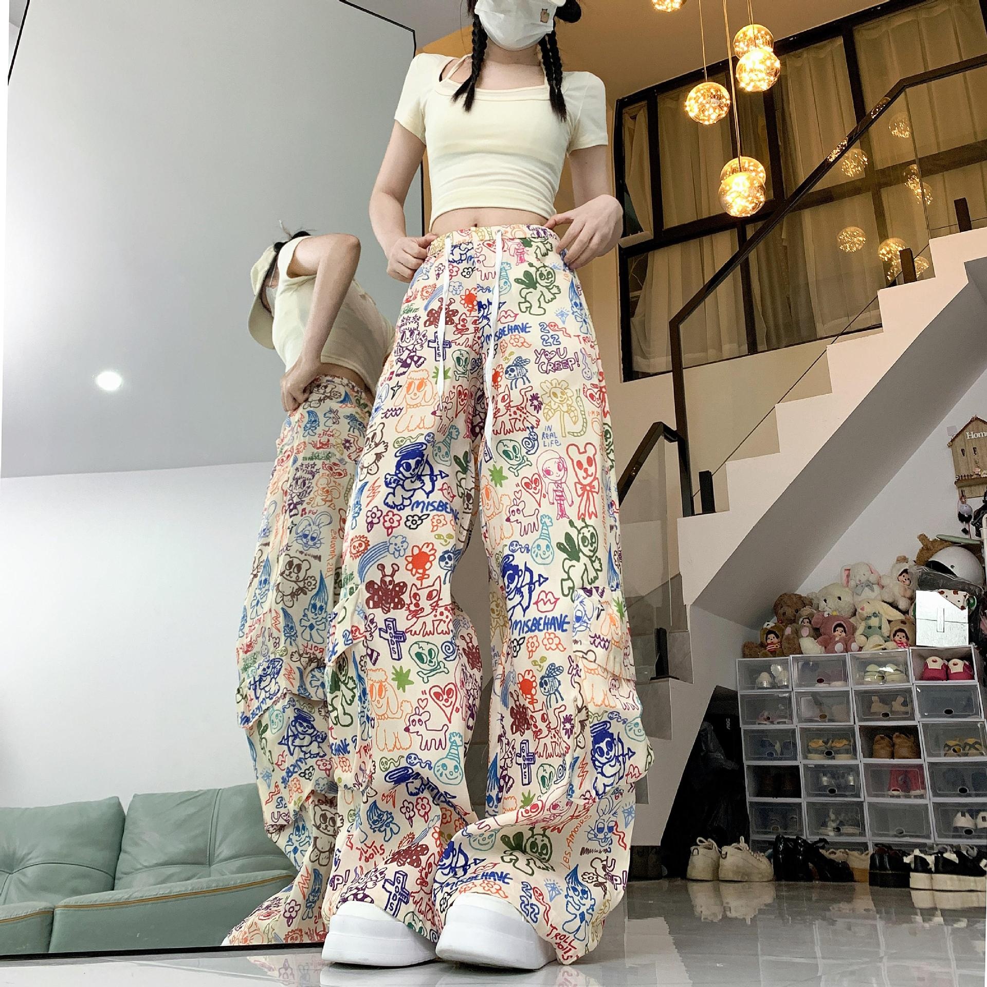Cartoon Graffiti Print Tooling Wide Leg Pants Women's Summer High Waist Jazz Straight Casual Pants