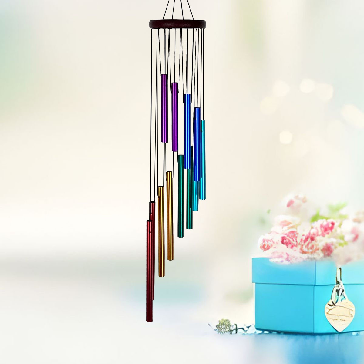 Hot-selling Wind Chime Collection European And American Rotating Twelve-tube Metal Pine Wood Aluminum Tube Creative Home Decoration
