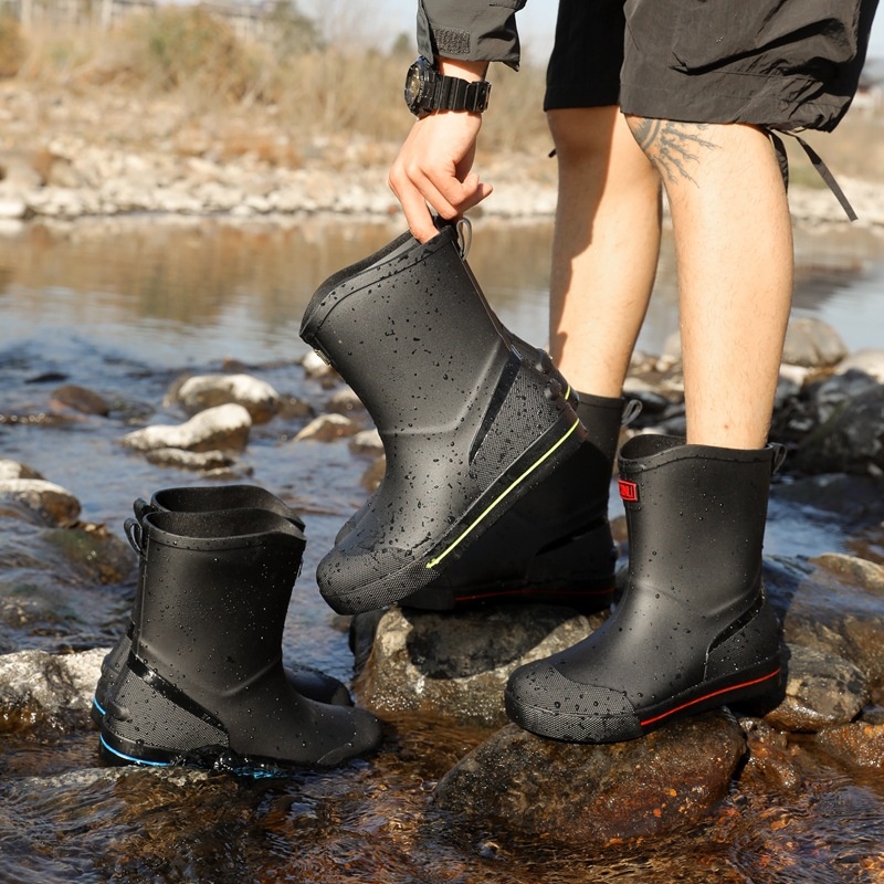 Korean Fashion Foreign Trade Flat-soled Plus Velvet Men's Rain Boots Mid-tube Non-slip Waterproof Fishing Shoes Construction Site Kitchen Water Shoes Men