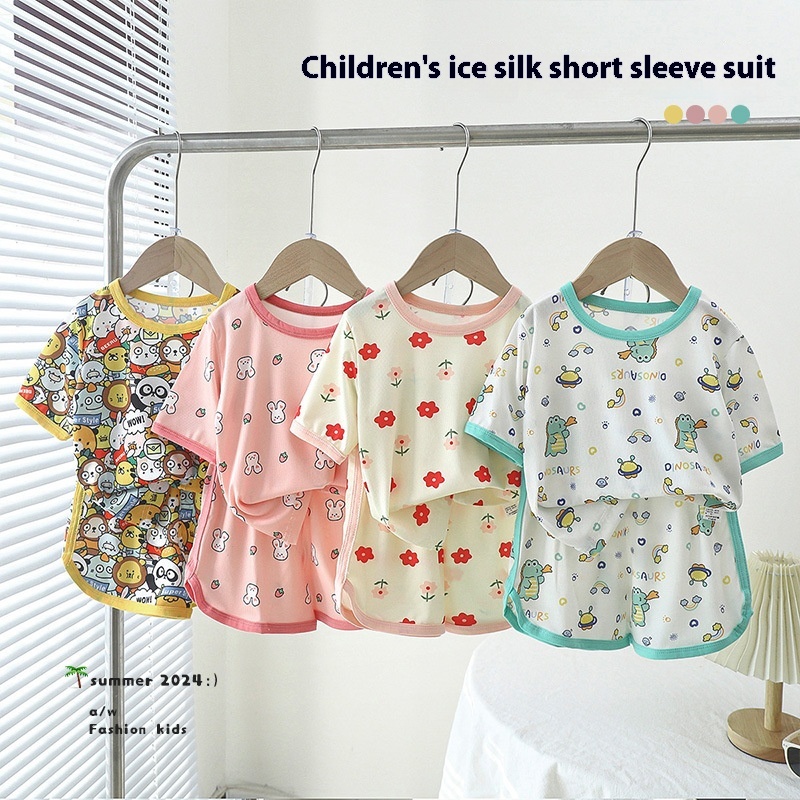 Children's Short-sleeved Shorts Suit Girls Summer Ice Silk Small Floral Print Home Clothes Boys Cartoon Short-sleeved T