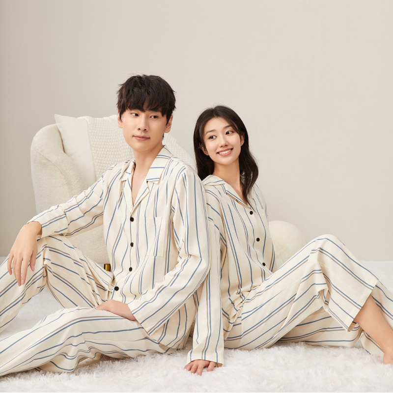Couple Pajamas Men's Spring And Autumn Cotton Striped Cardigan Loose Long-sleeved Home Clothes Women's Casual Outer Wear Suit