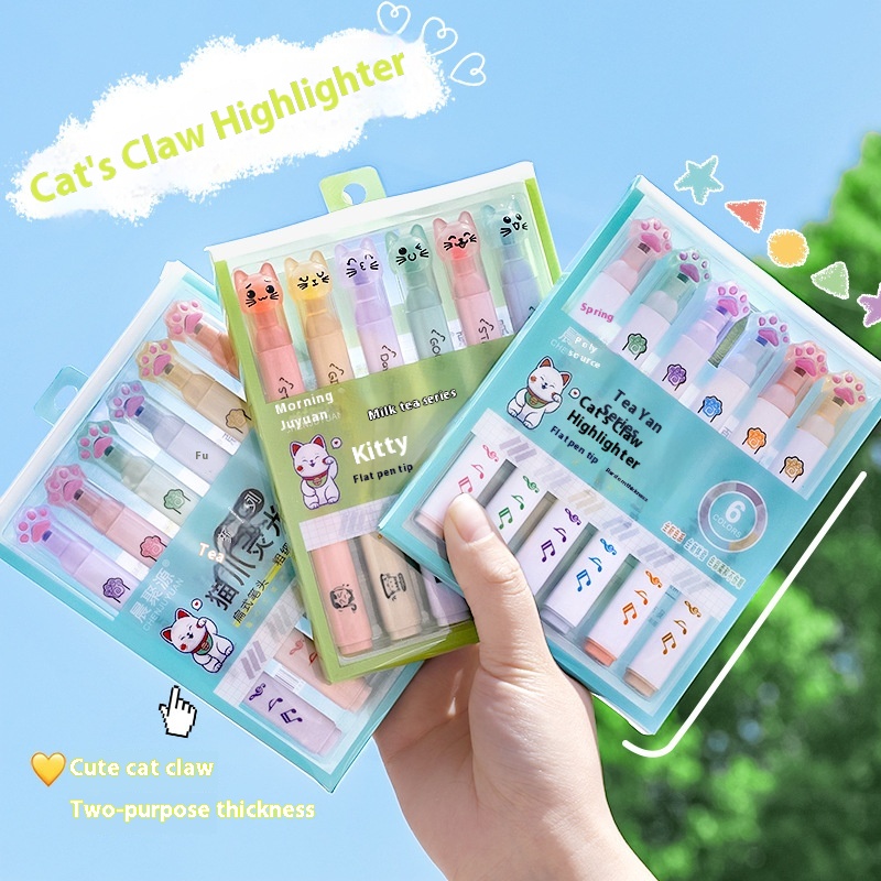 Cartoon Cat Claw Boxed Fluorescent Pen Student Cute Handbook Watercolor Pen Light Color Eye Protection Key Mark Pen
