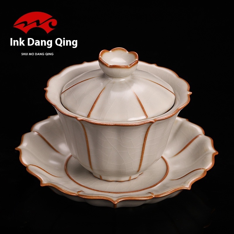 Taiwan Baiyun Ru Kiln Sancai Covered Tea Cup Large Single Brew Handmade Tea Bowl Ice Crack Ceramic Kung Fu Tea Set