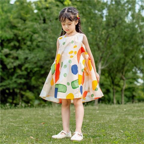 Girls Dress Summer Style Fashionable Print Contrast Color Pure Cotton Sleeveless Children's Vest Dress Thin Style